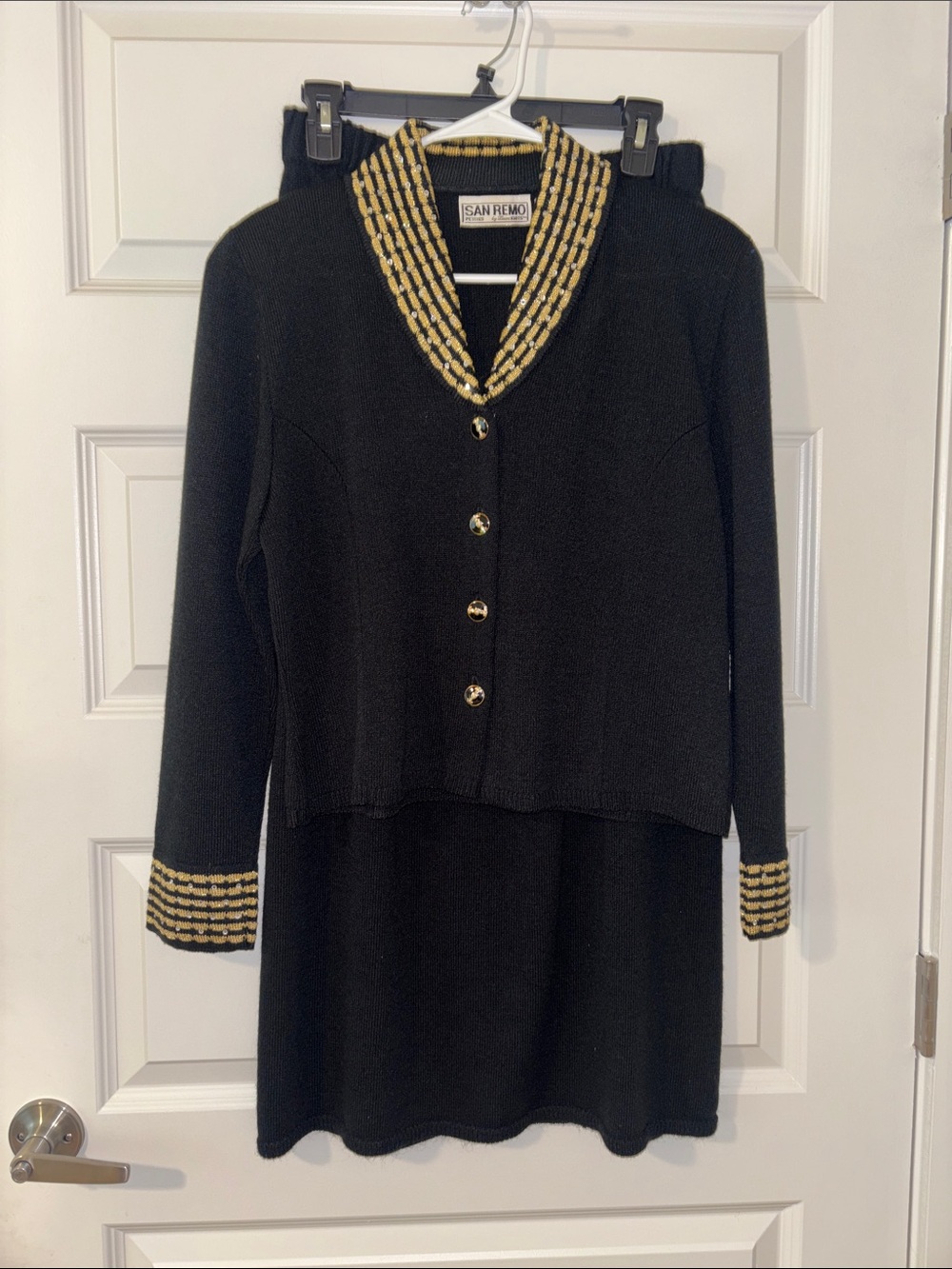 Black Knit Skirt Suit Jacket with Gold-Trim Collar